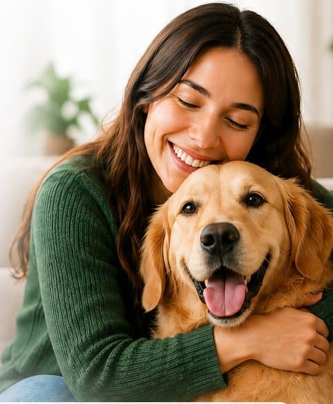 A person hugging their dog at home.
